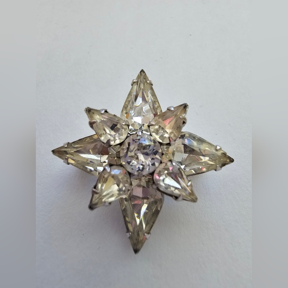 Vintage North Star Brooch Clear Pear Cut Rhinestone Maltese Cross Pin MCM